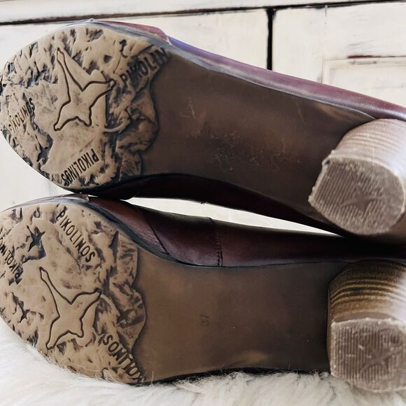 Pikolinos Brown Oiled Leather Tri Tone Wooden Block Heel Pumps - EU37 US6 - Picture 5 of 6